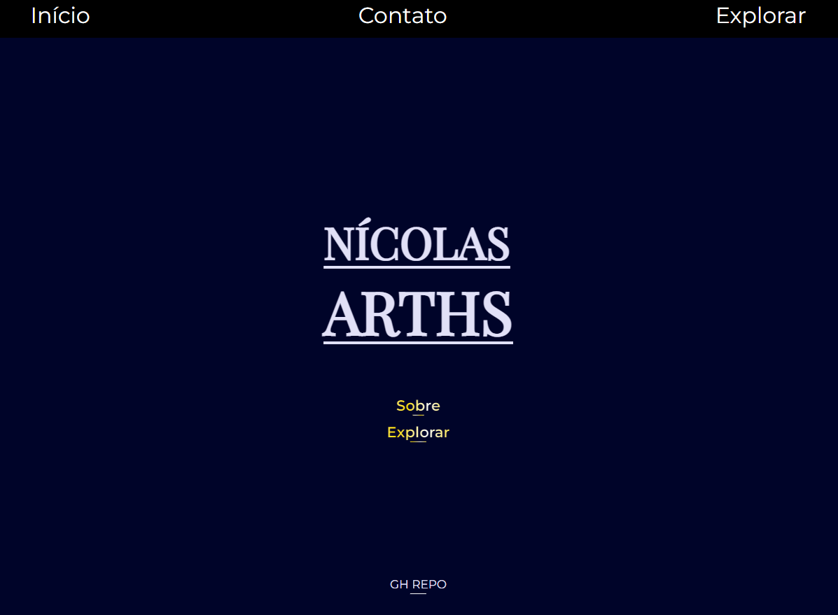 Imagem onde está escrito Nícolas Arths, e há um menu com as opções "Sobre" e "Explorar"